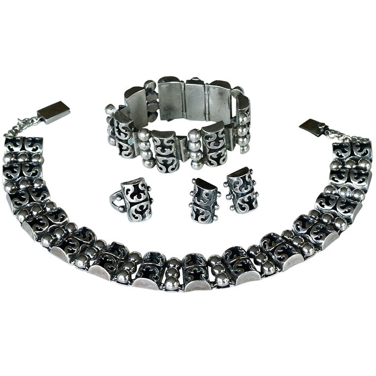 Victoria Taxco Sterling Silver 5 Piece Jewelry Suite at 1stDibs