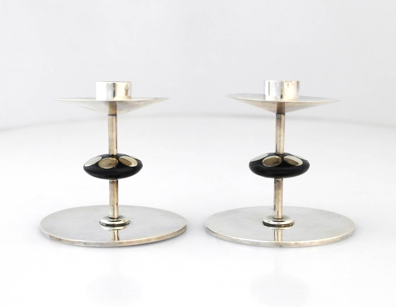 American William Spratling Sterling Silver and Rosewood Pair of Candlesticks 1967 For Sale