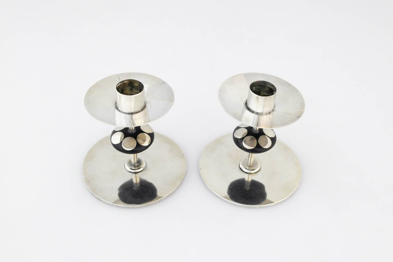 Mid-20th Century William Spratling Sterling Silver and Rosewood Pair of Candlesticks 1967 For Sale