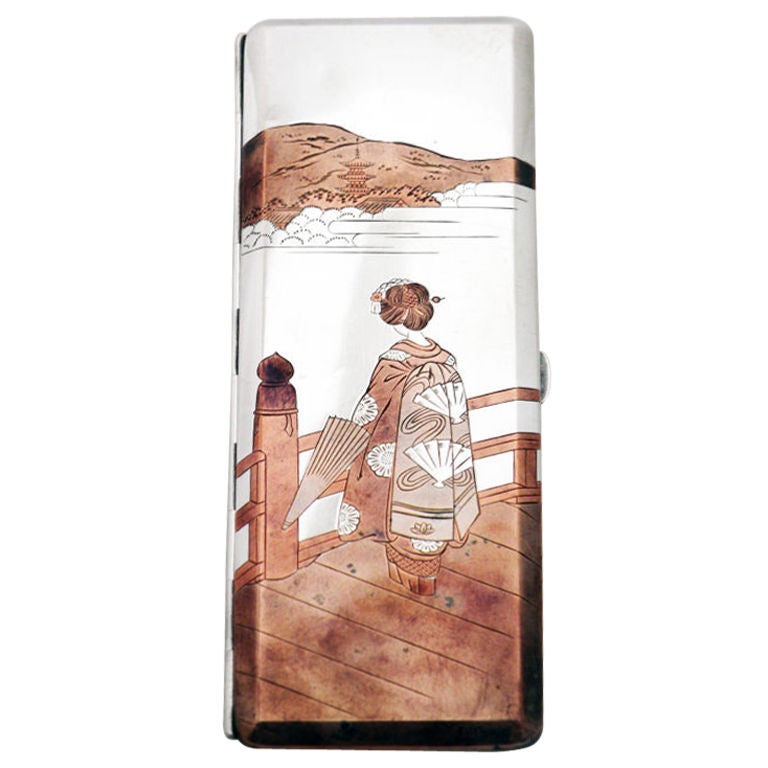.950 Silver Copper Rectangular Case Japanese Landscape