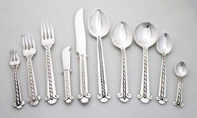 Being offered is an exceedingly rare set of, circa 1948-1962 sterling silver flatware by Hector Aguilar, Taxco, Mexico in the rare 'rope' pattern. The set has ten (10) place settings, ten different pieces per place setting -- please see list below