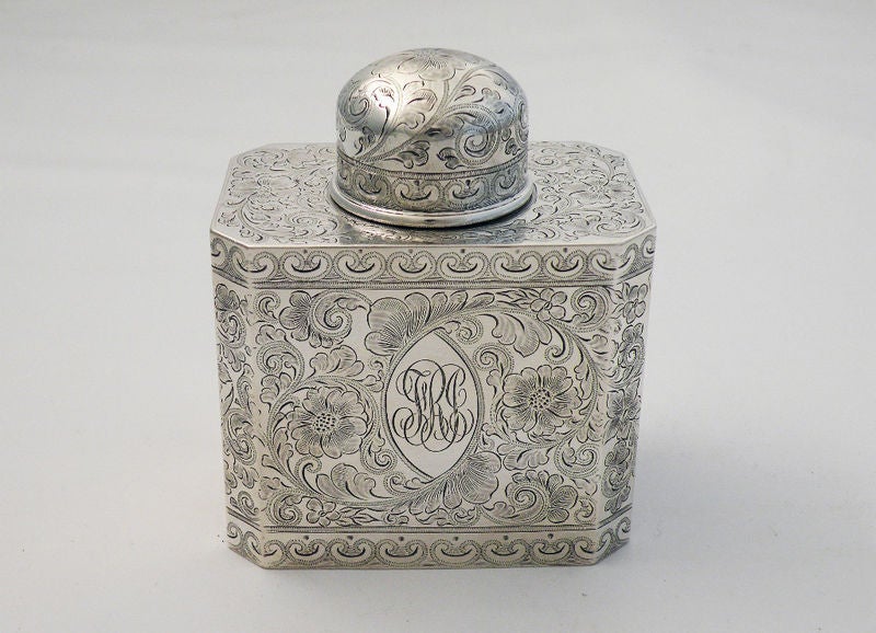 American Theodore Starr Sterling Silver Engraved Tea Caddy 1890 For Sale