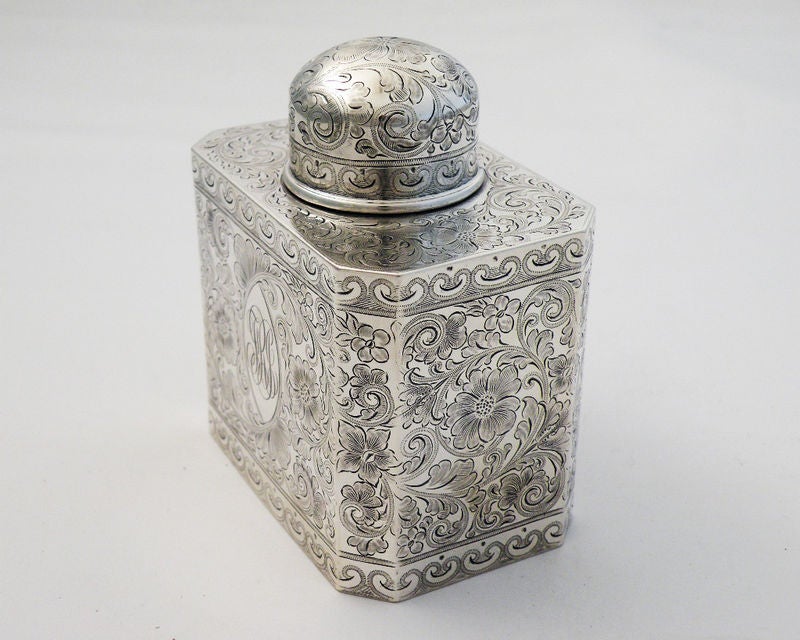 Theodore Starr Sterling Silver Engraved Tea Caddy 1890 In Excellent Condition For Sale In New York, NY