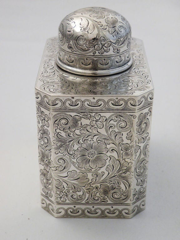 19th Century Theodore Starr Sterling Silver Engraved Tea Caddy 1890 For Sale