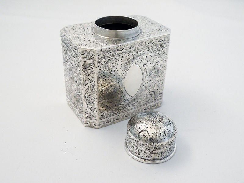 Theodore Starr Sterling Silver Engraved Tea Caddy 1890 For Sale 1