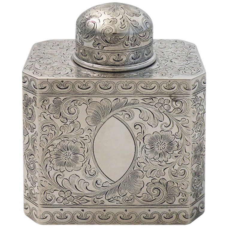 Theodore Starr Sterling Silver Engraved Tea Caddy 1890 For Sale