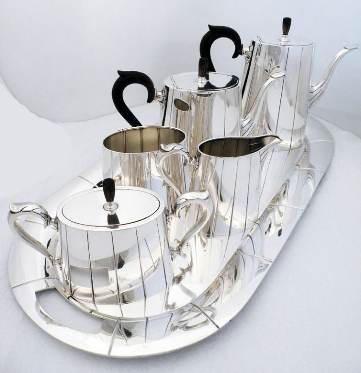 Please visit Lauren Stanley in New York City!  Please telephone for an appointment.

Being offered is an exceedingly rare circa 1929 sterling silver five (5) piece tea and coffee set with tray by International Silver of Meriden, CT, in an art deco
