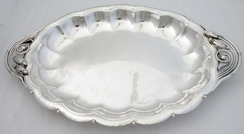 Modern Sterling Silver Scalloped Serving Tray w/Elaborate Handle