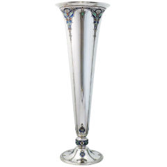 Rare Tiffany 1921 Art Deco Enamel Sterling Silver Trumpet Vase