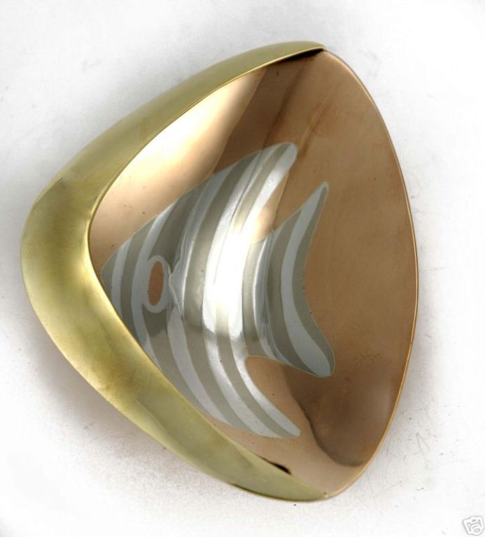 Being offered is a rare handwrought circa 1955 married metals tetra - silver, copper and brass - fish bowl by Los Castillo of Taxco, Mexico.  Los Castillo, the silversmith who was known for conceiving the technique of married metals, producing