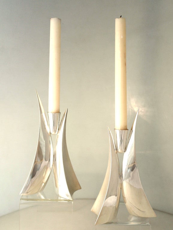 Banner 'Bilateral' Sterling Silver Contemporary Candlesticks In Excellent Condition In New York, NY