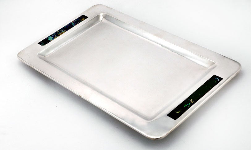 Los Castillo Sterling Silver Malachite/Azurite Footed Tray 1955