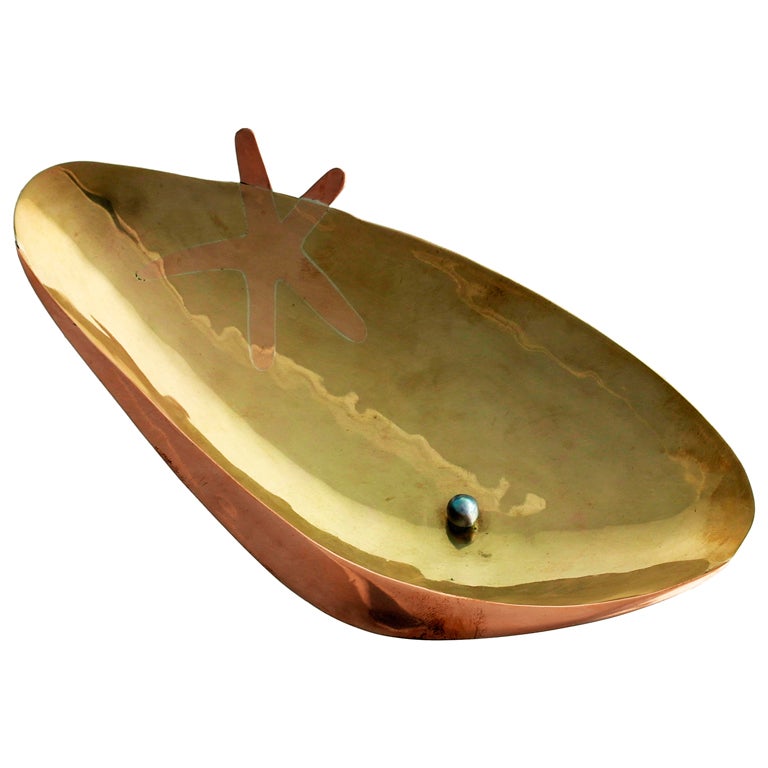 Los Castillo Silver Brass Copper Handwrought Clam Shell Bowl