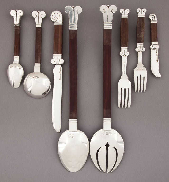 Mexican Set for 12 Hector Aguilar Sterling Silver Rosewood Aztec Flatware