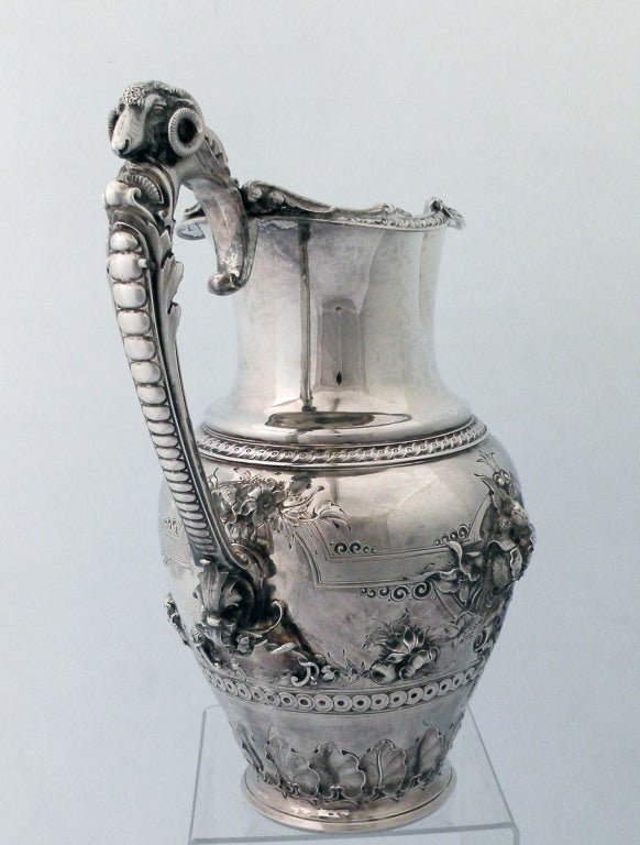 American Rarest Gorham Hand Chased Coin Silver Water Pitcher 1865