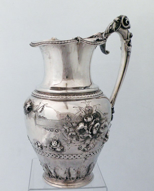 Rarest Gorham Hand Chased Coin Silver Water Pitcher 1865 In Excellent Condition In New York, NY