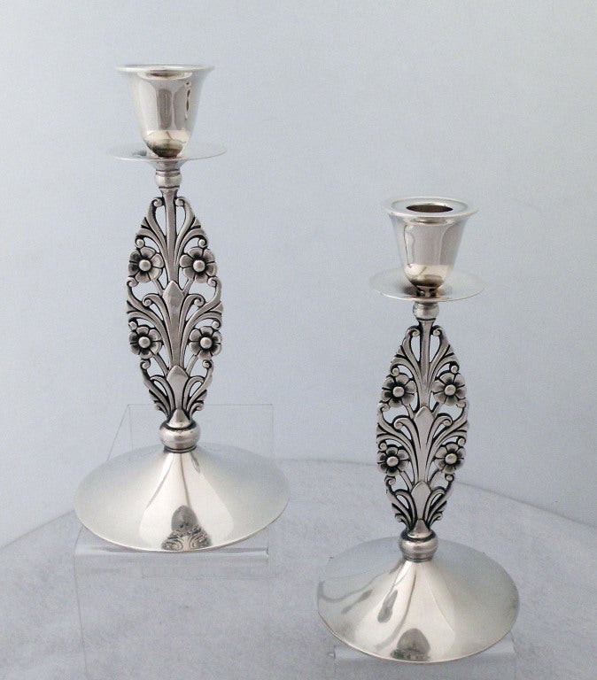 American Pair of Tiffany Sterling Silver, Floral Stemmed Candlesticks For Sale