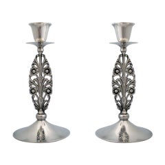 Pair of Tiffany Sterling Silver, Floral Stemmed Candlesticks