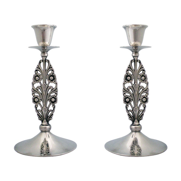 Pair of Tiffany Sterling Silver, Floral Stemmed Candlesticks For Sale