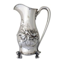Superb Art Nouveau Sterling Silver Pitcher Chased Water Lily Mot