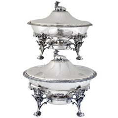 Gorham Pair Coin Silver Serving Dishes W/burner, Stand 1860