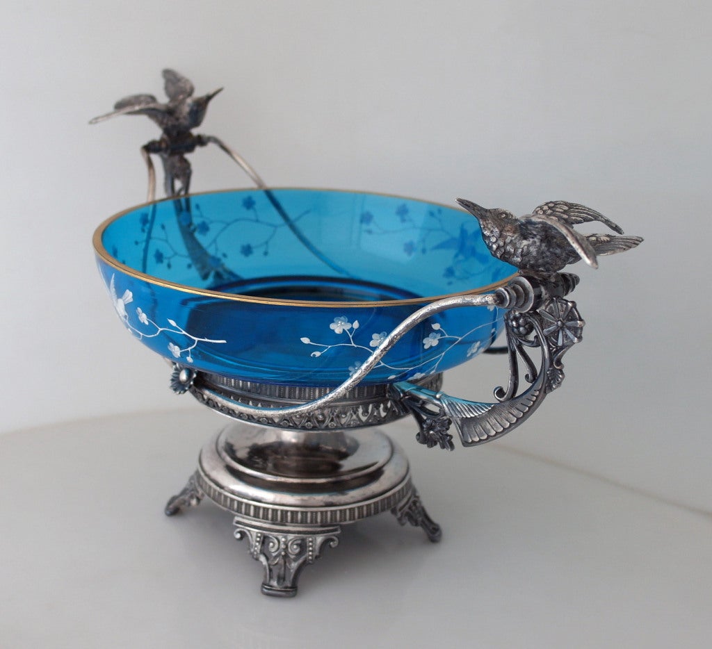 American Aurora Silverplate Aesthetic Basket Centerpiece 3D Hummingbirds For Sale