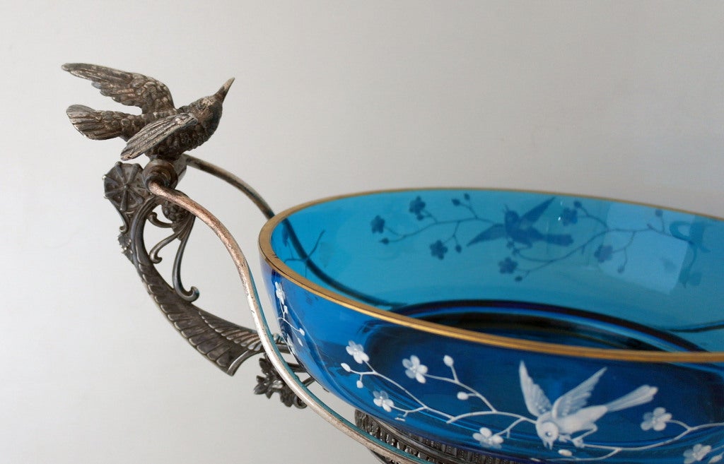 19th Century Aurora Silverplate Aesthetic Basket Centerpiece 3D Hummingbirds For Sale