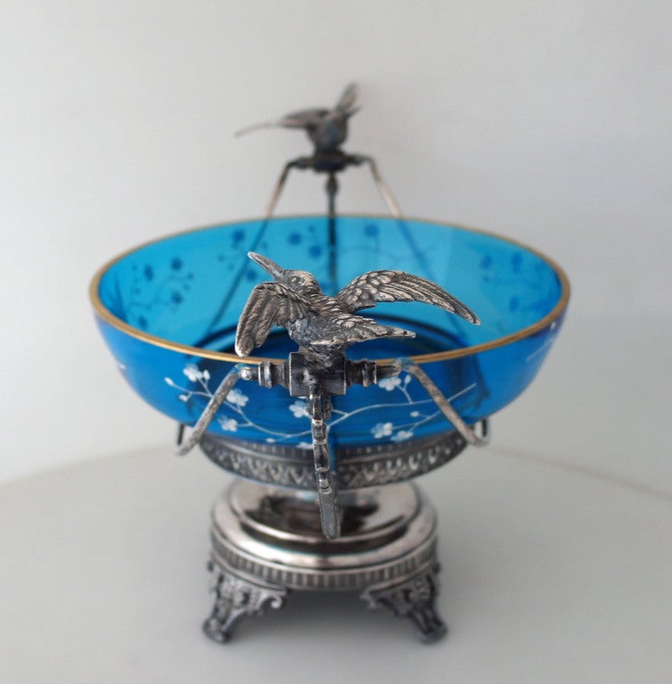 Glass Aurora Silverplate Aesthetic Basket Centerpiece 3D Hummingbirds For Sale