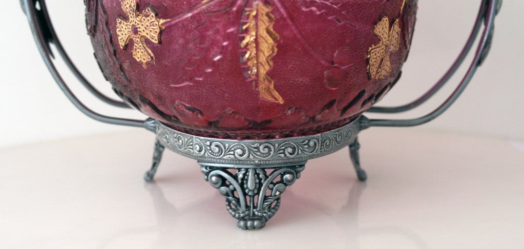 19th Century Victorian Silverplate Basket Cranberry Glass Bowl Museum Quality For Sale