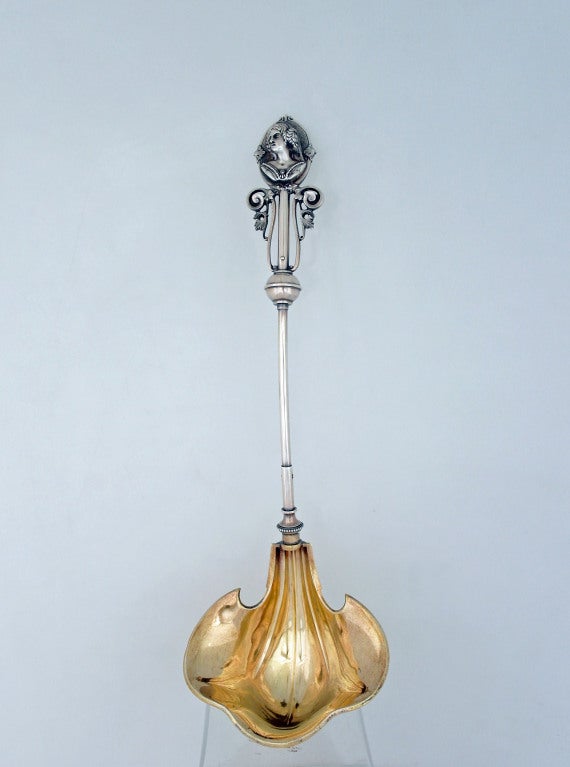 Wood & Hughes Coin Silver Soup Ladle 3-D Medallion 1865 Gilded