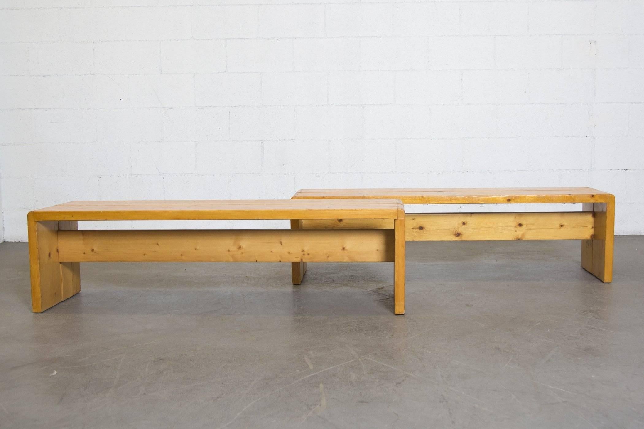 Solid pine Charlotte Perriand benches for Les Arcs ski resort in France. Set price. Good original condition with some surface wear consistent with age and use.