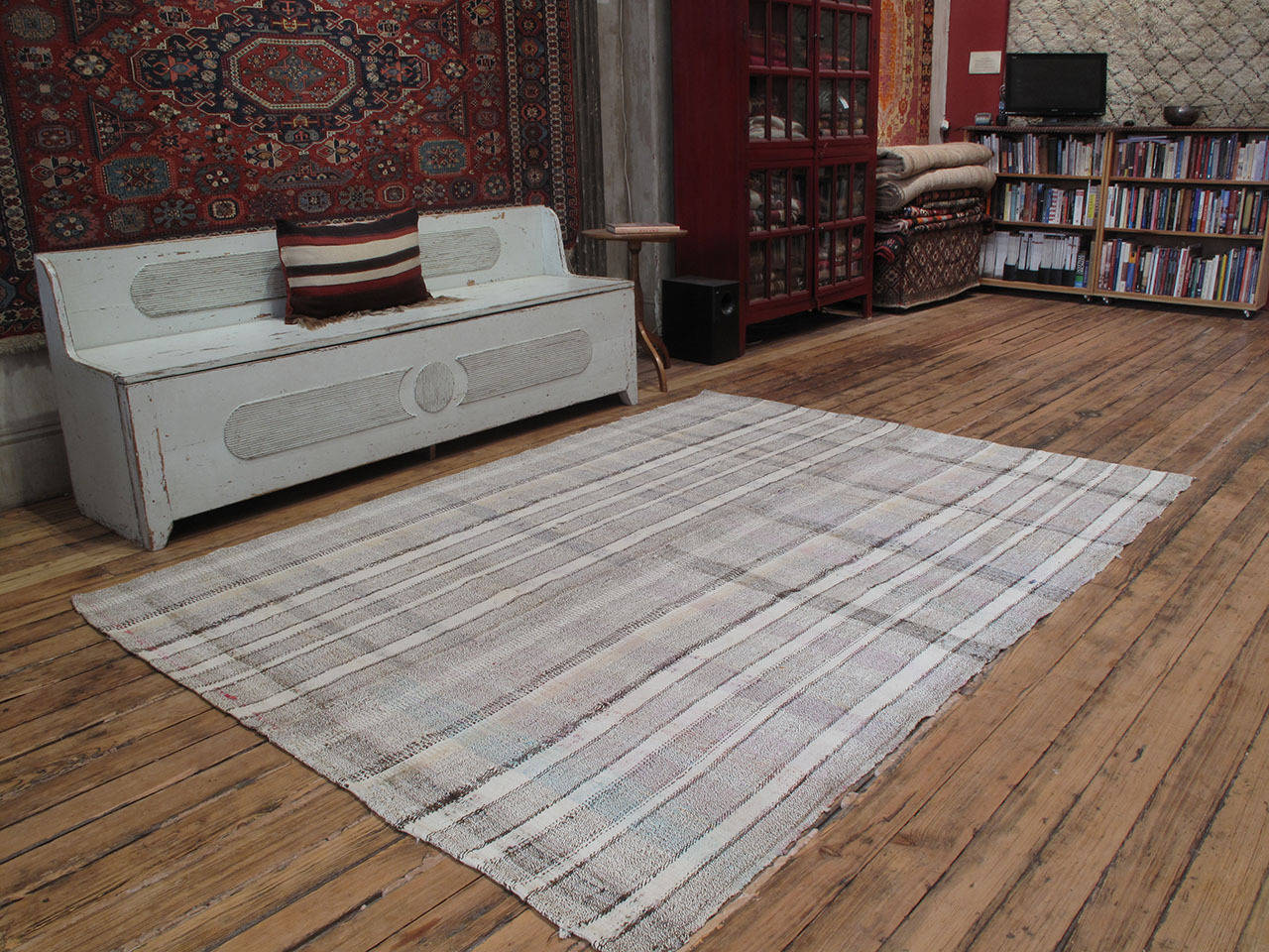 A simple old tribal Kilim from Southeastern Turkey, woven in two panels, using a mixture of goat hair and cotton. Unadorned flat-weaves like this would have been used as everyday floor covers in the weaver's household.