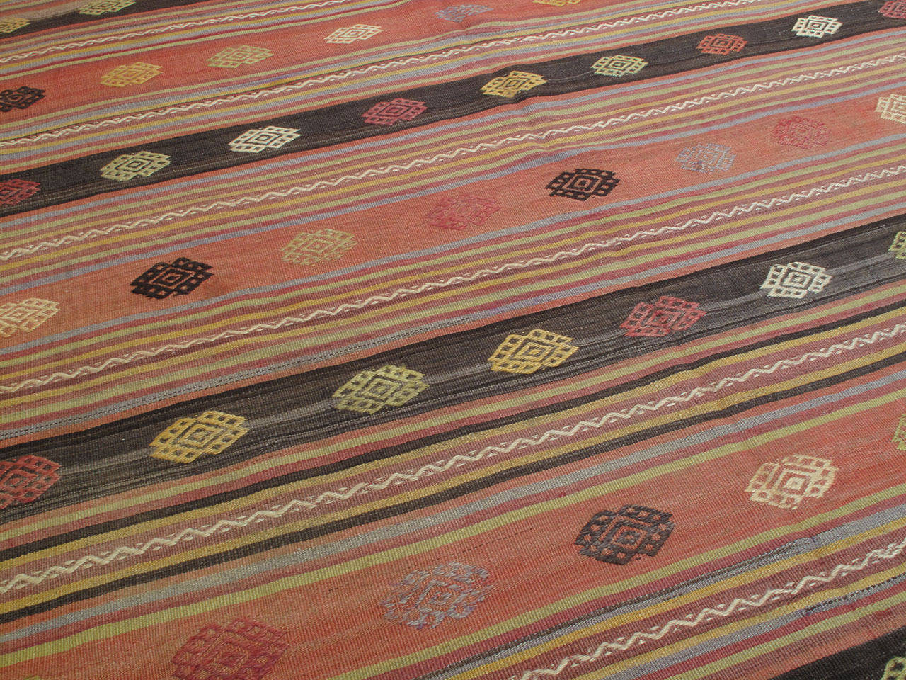 Turkish Kilim Rug with Decorated Bands For Sale