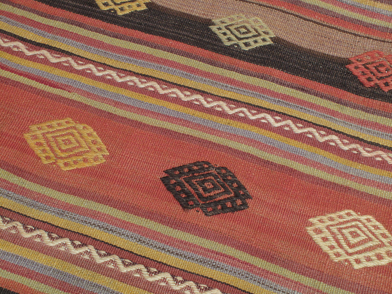 Hand-Woven Kilim Rug with Decorated Bands For Sale