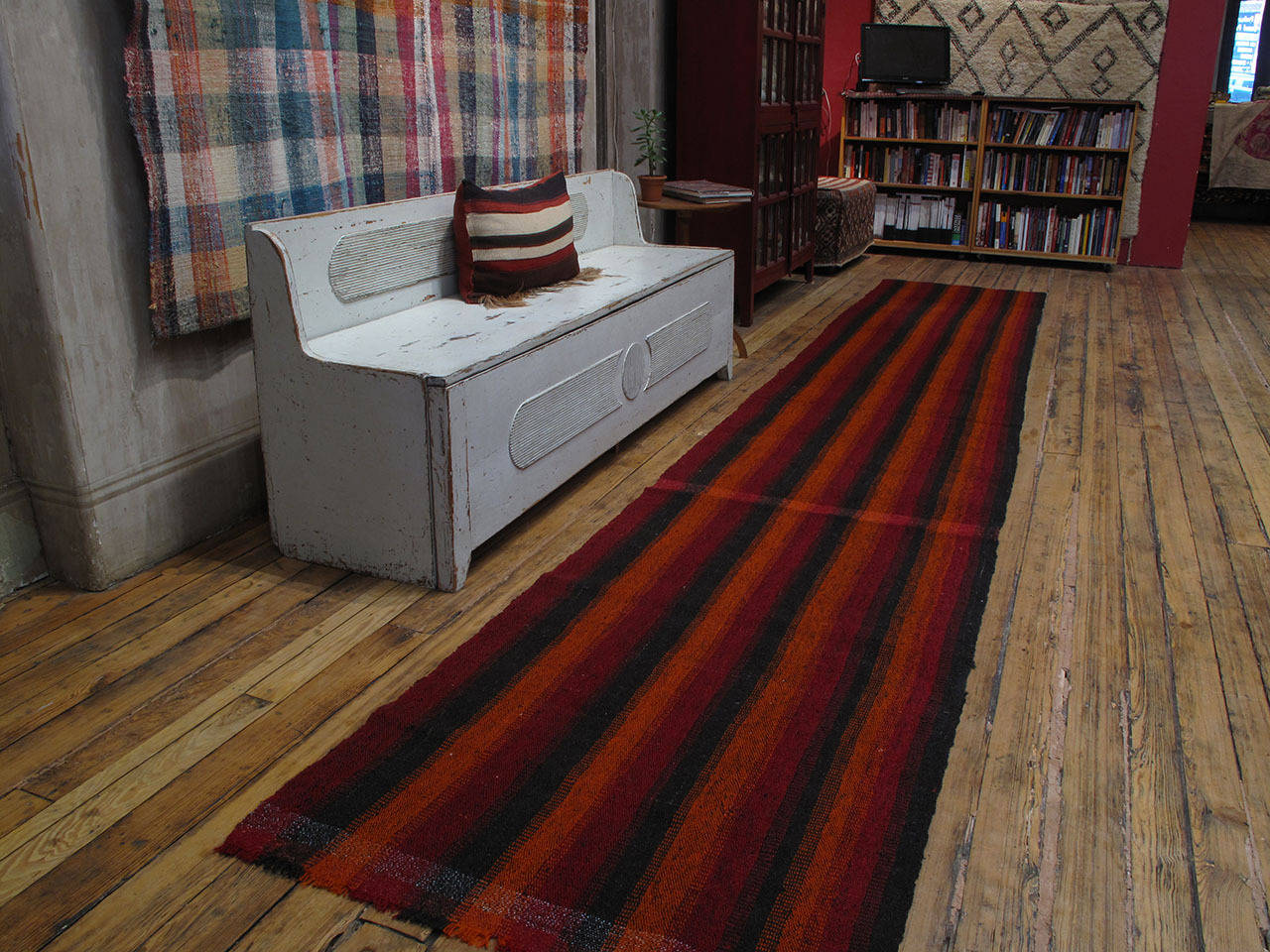 Pala Kilim runner rug. An old flat-weave runner rug from Turkey woven with an interesting and ingenious mixture of cotton rag and goat hair to create a sturdy, everyday floor cover. These runners are usually cut in half and made into two panel rugs