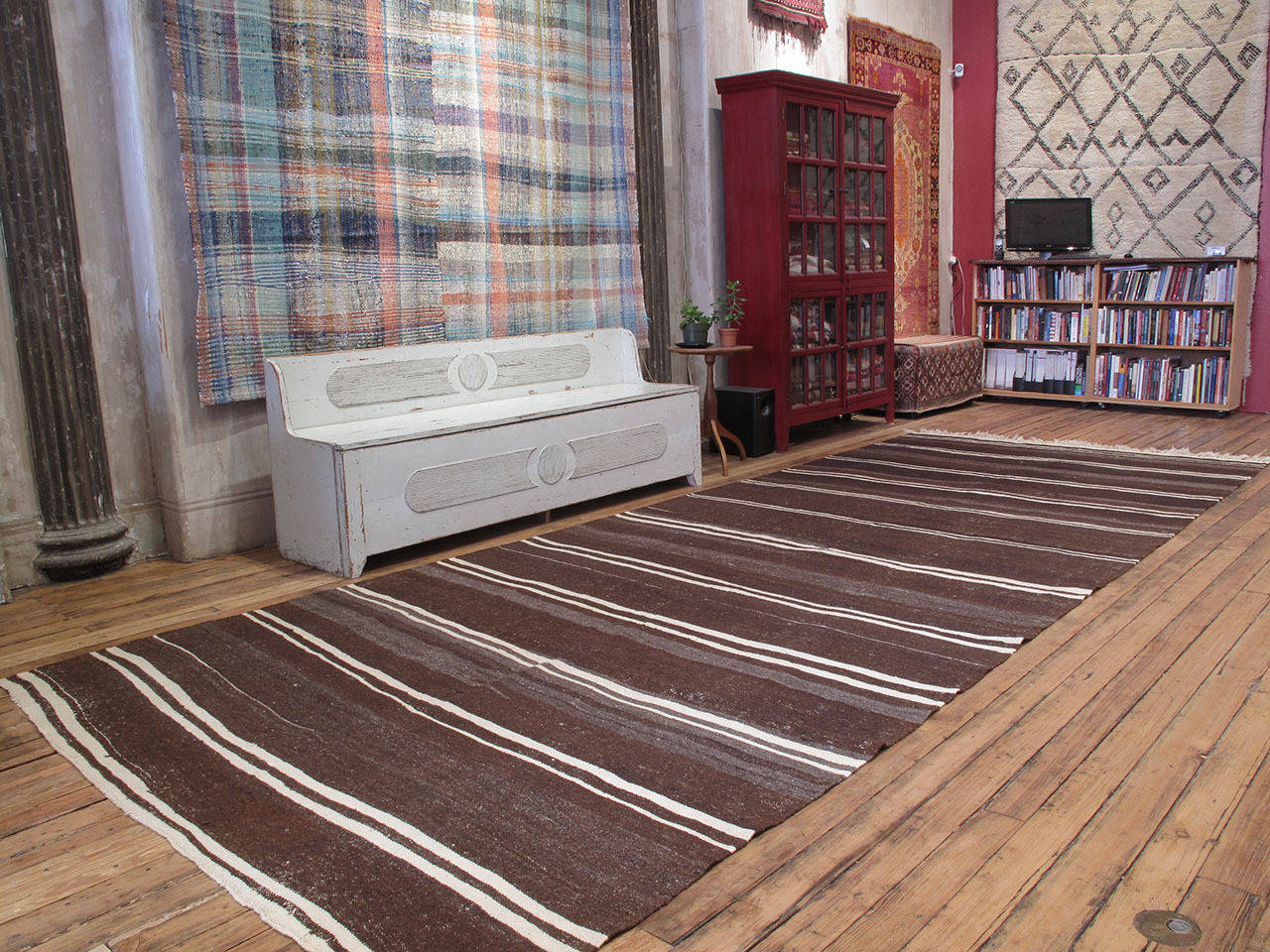 Massive Banded Kilim wide runner rug. A simple old tribal flat-weave runner rug from Central Turkey, woven with natural dark brown wool. A very heavy and sturdy weaving. Unusually large runner.