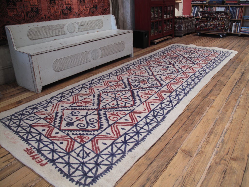 Large Felt runner rug. A particularly handsome Central Anatolian felt rug - felt technique involves matting, condensing and pressing wool fibers, possibly the oldest form of fabric. Felt rugs were the everyday floor covers in nomads' tents and