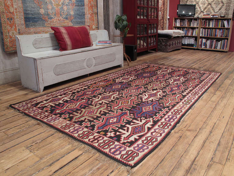 Antique Kuba Kilim rug. A very handsome Caucasian tribal flat-weaver rug, featuring a well-known design from this region, executed in a very pleasing scale with lovely colors.