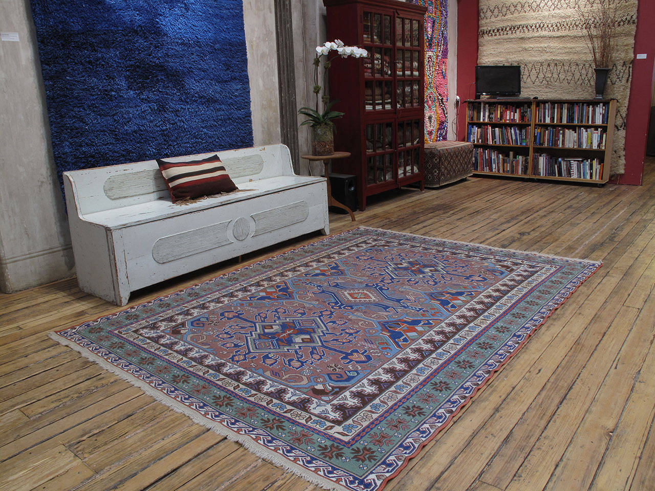 A very nice old tribal flat-weave from the Caucasus (Azerbaijan), woven in an intricate brocading technique. Sumaks like this display a very sophisticated aesthetic, inherited from earlier weaving traditions of this prolific region. This is a