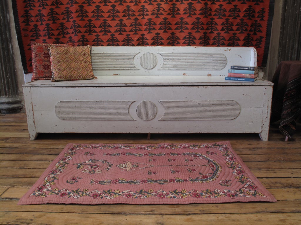 A lovely little Turkish quilt, block printed with a prayer arch and hanging lamp, possibly meant as a wall hanging.