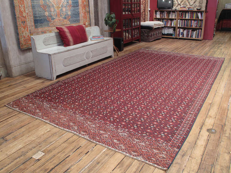 Antique Turkmen Palas rug. A great tribal weaving rug by the Yomut Turkmens of Central Asia, in brocaded flat-weave technique. A century ago, when this Kilim was woven, every Yomut girl of marriage age created a piece like this, as well as rugs,