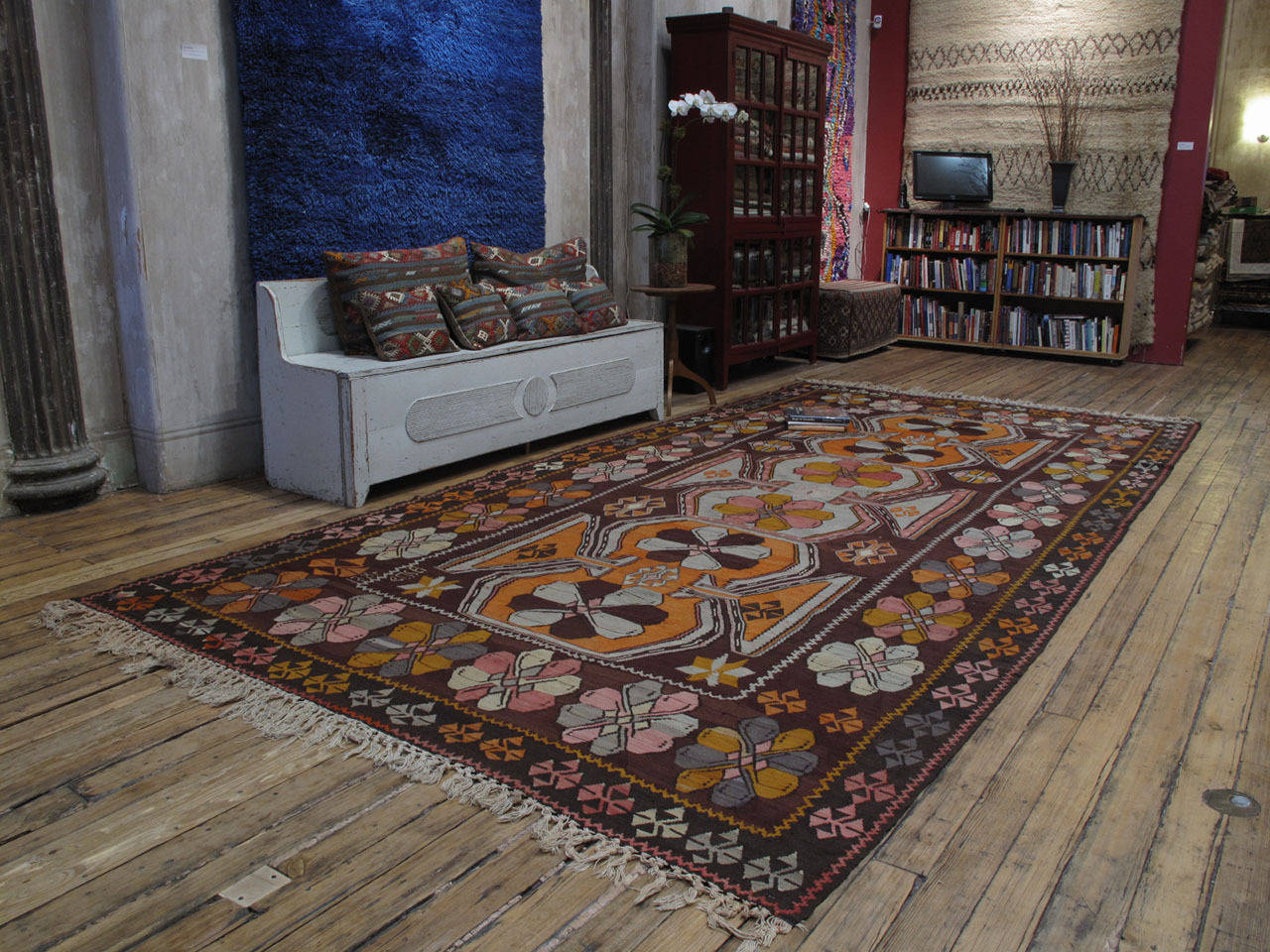 Fantastic Northeast Anatolian Kilim rug. Large kilims from the Kars Province in Northeastern Turkey are well-known, but this rug stands out with its quality and the exuberant creativity of its weaver. Rug looks impressive from a distance and becomes