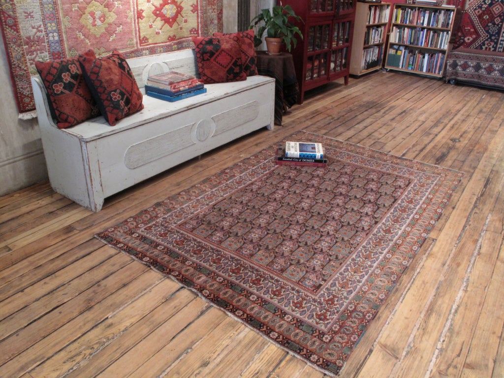 Antique Afshar rug. A great antique tribal rug with a very refined interpretation of a well-known design from SE Persia - certainly the oldest of this type we've seen. The dark brown background has corroded as expected of such an old weaving,