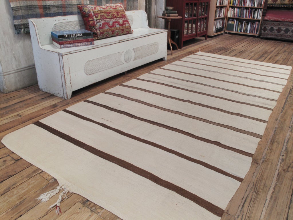 Banded Kilim wide runner rug. Rug is a very nice, older example with fine weave and wonderful patina. Runner rug is very well preserved too, despite the age.