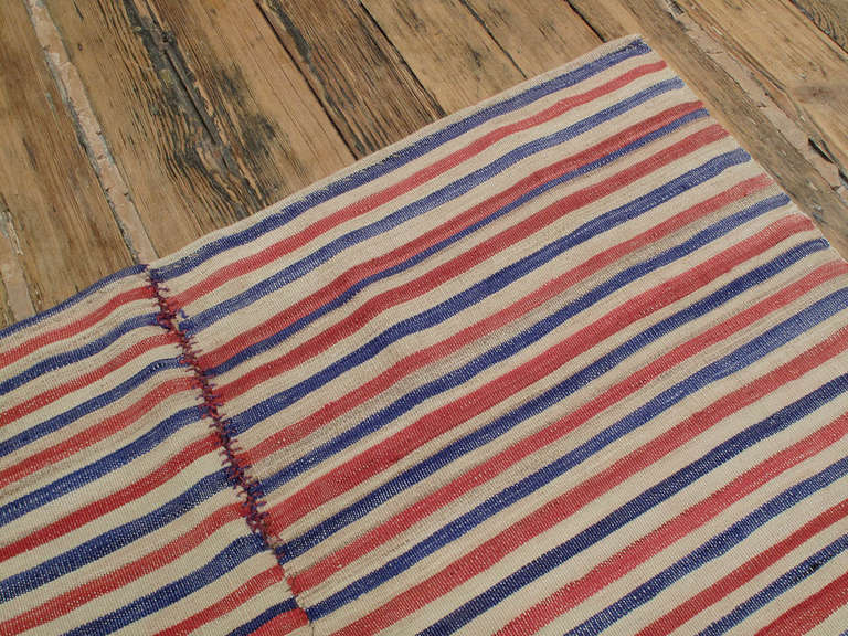 Hand-Woven Blue and Red Striped Kilim