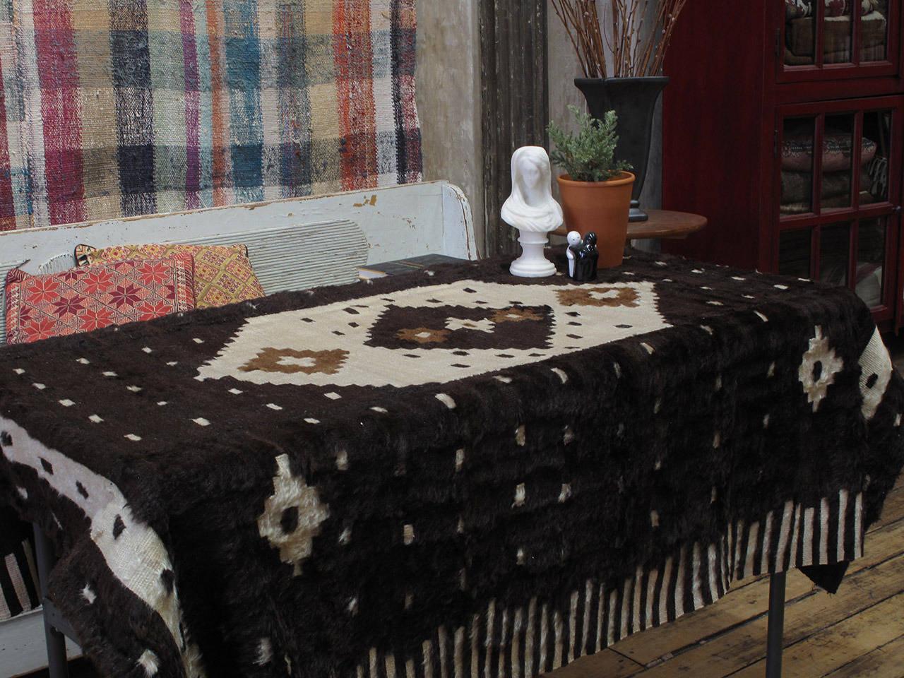 An old blanket from Eastern Turkey, woven with the fine, soft hair of the indigenous angora goat, better known as mohair. An older example, woven in three narrow panels. Can be used on the floor in low traffic, but perhaps better as a wall hanging.