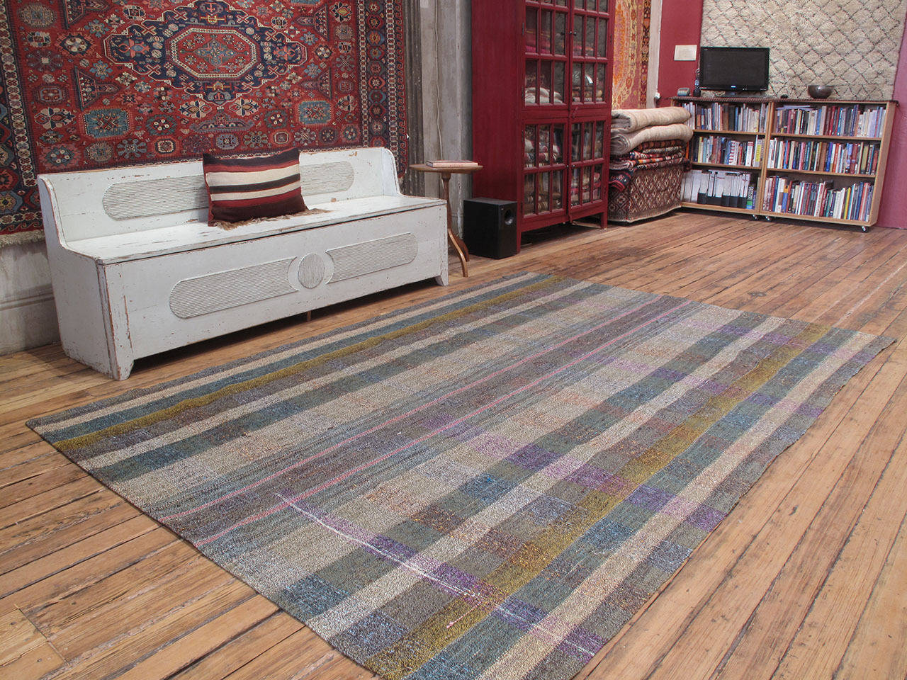 An old tribal floor cover from Central Turkey, woven with an interesting mixture of cotton rag, wool and goat hair, creating a sturdy structure for everyday use.