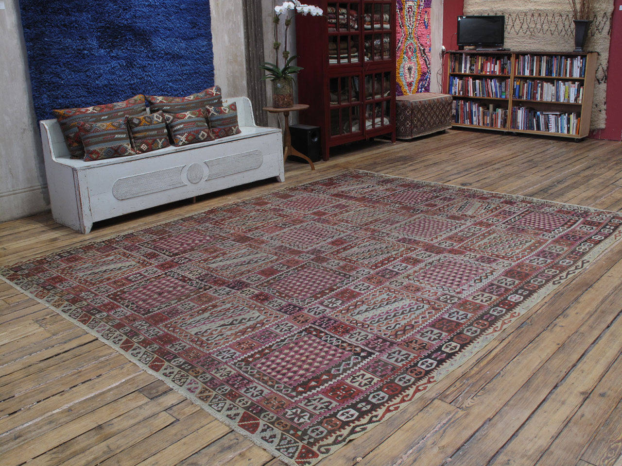 Antique Turkish Bayburt Kilim rug. A beautiful antique kilim rug of large size and a muted color palette from Northeastern Turkey. Such large and fine kilims were favored by wealthy local patrons as summer carpets or rugs and were woven in villages