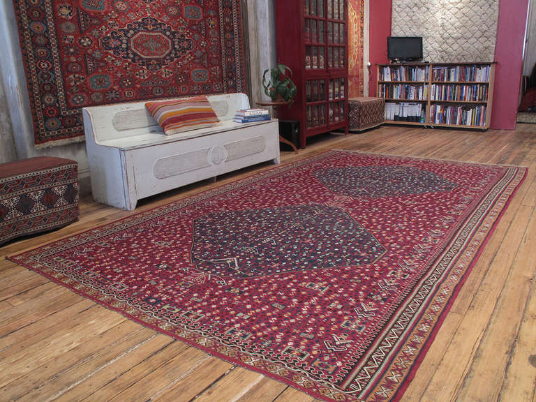 A highly unusual antique Kilim from a region in Eastern Turkey that is famous with its finely woven kilims. This is a rather large piece and the design is quite unique in our experience, as most Erzurum kilims are in small format, often featuring