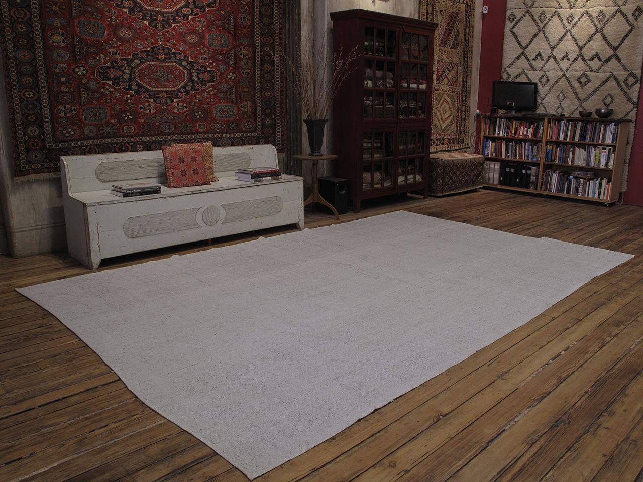 A large tribal floor cover from Southeastern Turkey, woven with a mixture of goat hair and cotton yarn. Such Kilims were often used in the fields during harvest time. An old weaving with modern, timeless appeal.